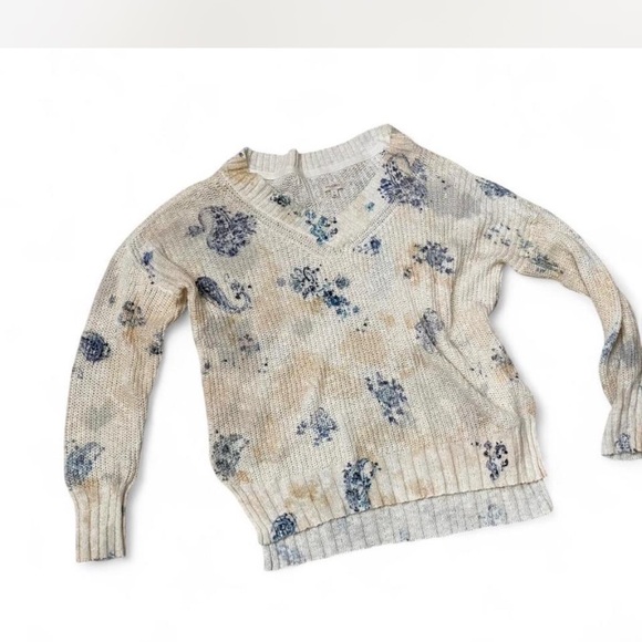 Pilcro Oversized Cream & Blue Floral Knit V Neck Sweater Sz Small - Picture 5 of 11